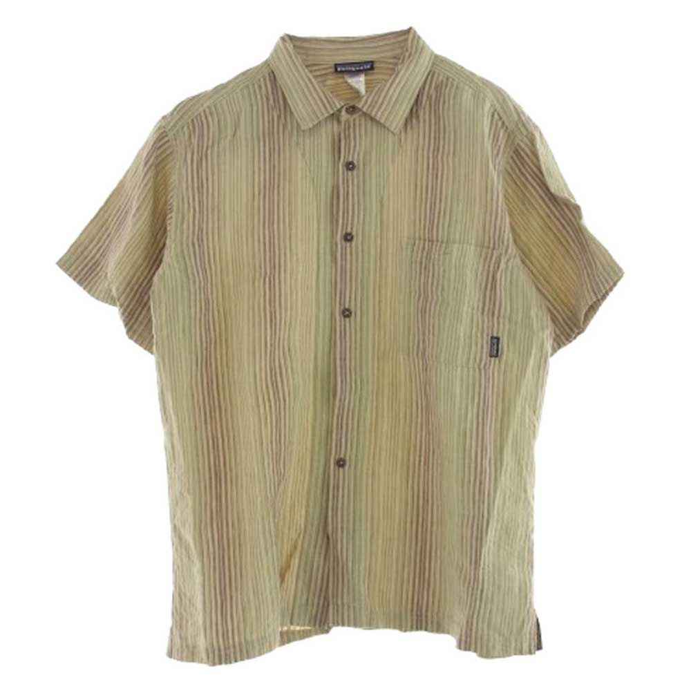 patagonia パタゴニア 53135S8 Hemp Shirt ストライプ柄 半袖 ヘンプシャツ ベージュ系 グリーン系 L【中古】