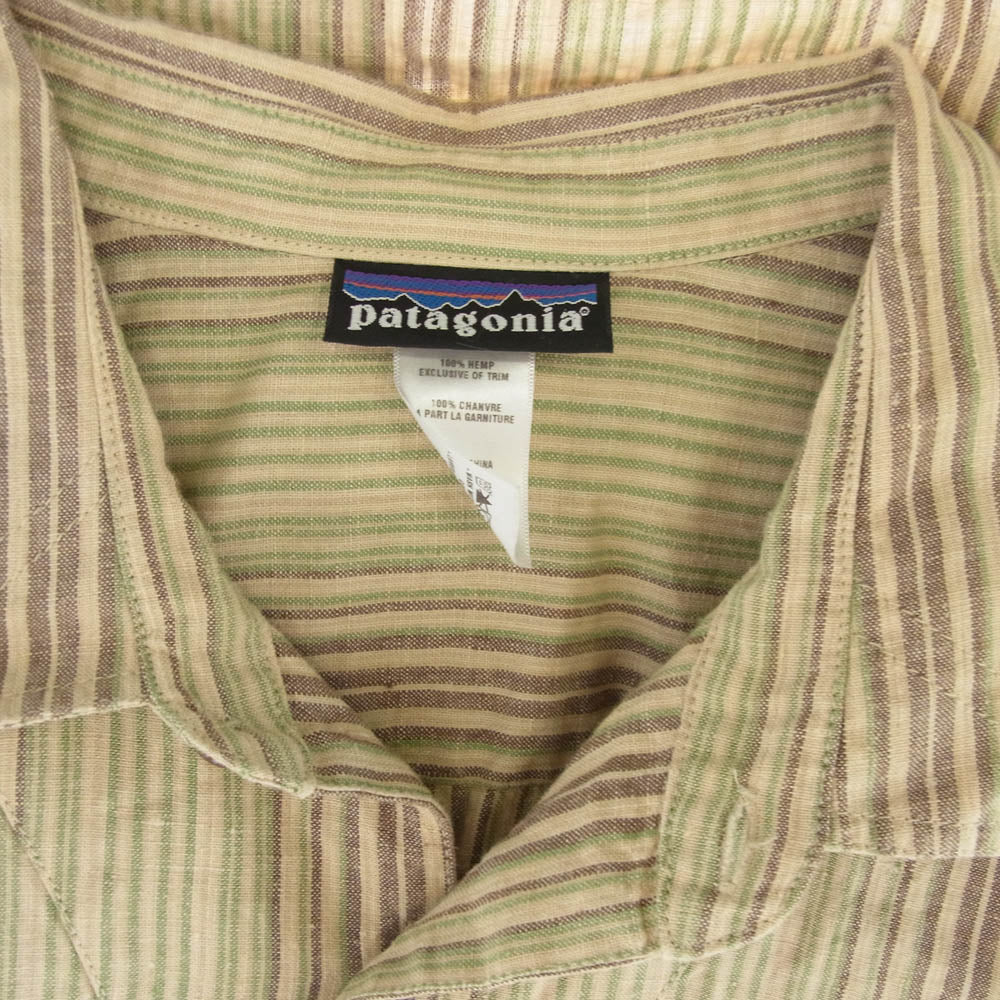 patagonia パタゴニア 53135S8 Hemp Shirt ストライプ柄 半袖 ヘンプシャツ ベージュ系 グリーン系 L【中古】