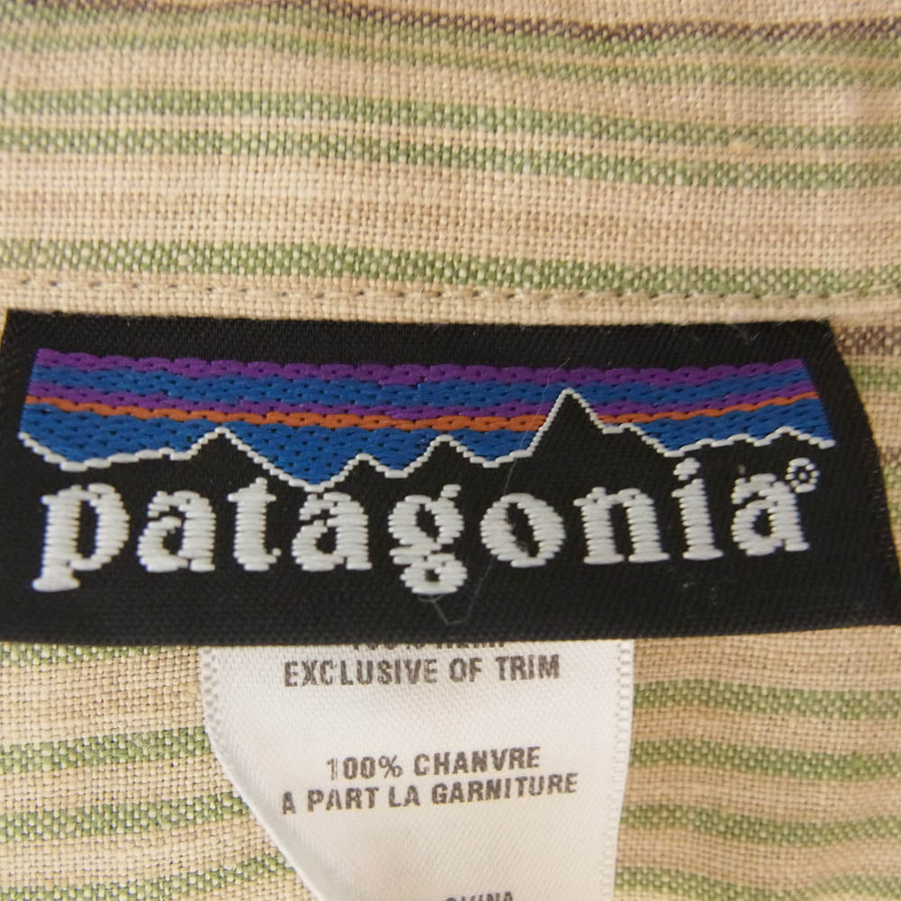 patagonia パタゴニア 53135S8 Hemp Shirt ストライプ柄 半袖 ヘンプシャツ ベージュ系 グリーン系 L【中古】