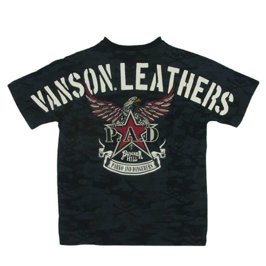 VANSON バンソン カモフラ 迷彩柄 刺繍 半袖 Tシャツ コットン 中国製 ブラック系 ダークグレー系 L【中古】