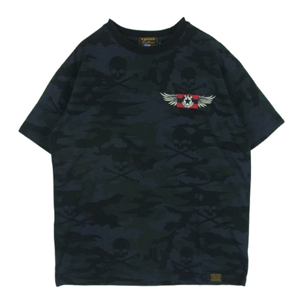 VANSON バンソン カモフラ 迷彩柄 刺繍 半袖 Tシャツ コットン 中国製 ブラック系 ダークグレー系 L【中古】