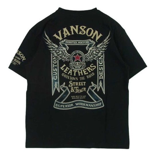 VANSON バンソン STREET&TRACK 刺繍 半袖 Tシャツ コットン 中国製 ブラック系 L【中古】