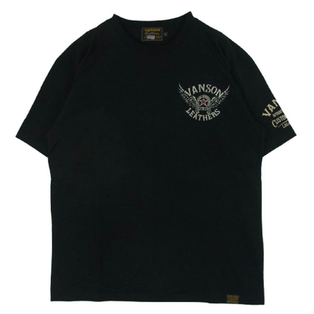 VANSON バンソン STREET&TRACK 刺繍 半袖 Tシャツ コットン 中国製 ブラック系 L【中古】