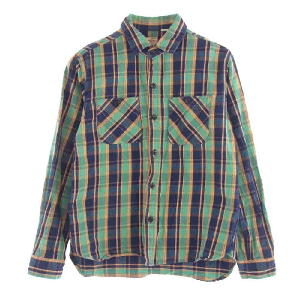 HOUSTON ヒューストン フランネル 長袖 チェック シャツ グリーン系 XL【中古】