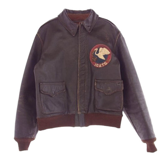The REAL McCOY'S ザリアルマッコイズ Type A-2 フライト ジャケット ICWATC 輸送戦略部隊章 USAF レザーパッチ カスタム ブラウン系 42【中古】
