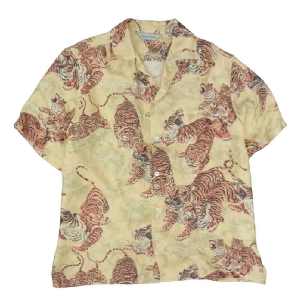 ニポアロハ SILK SHORT SLEEVE ALOHA SHIRT ONE HUNDRED TIGERS シルク 百虎 アロハ ハワイアン シャツ イエロー系 3【美品】【中古】