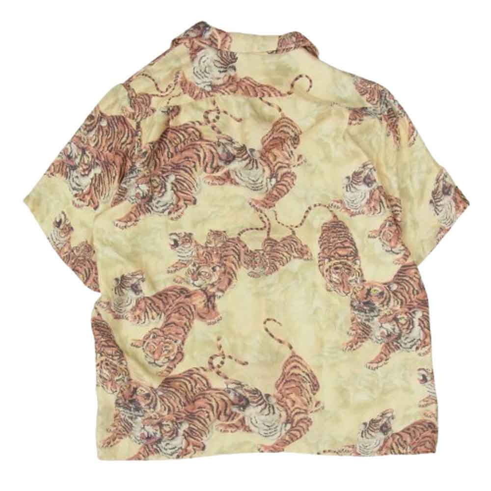 ニポアロハ SILK SHORT SLEEVE ALOHA SHIRT ONE HUNDRED TIGERS シルク 百虎 アロハ ハワイアン シャツ イエロー系 3【美品】【中古】