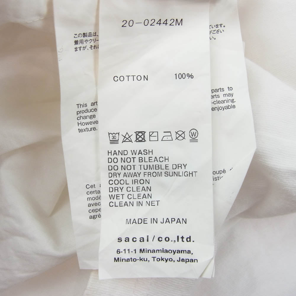 Sacai サカイ 20SS 20-02442M Big Lebowski Cotton Poplin Shirt ドッキング 再構築 半袖 カットソー Tシャツ ホワイト系 1【中古】