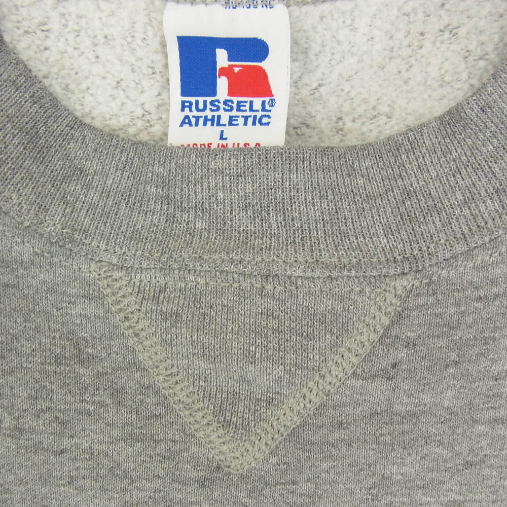 ヴィンテージ 90s USA製 russell athletic トリコ刺繍タグ プリント 前V スウェット グレー系 L【中古】