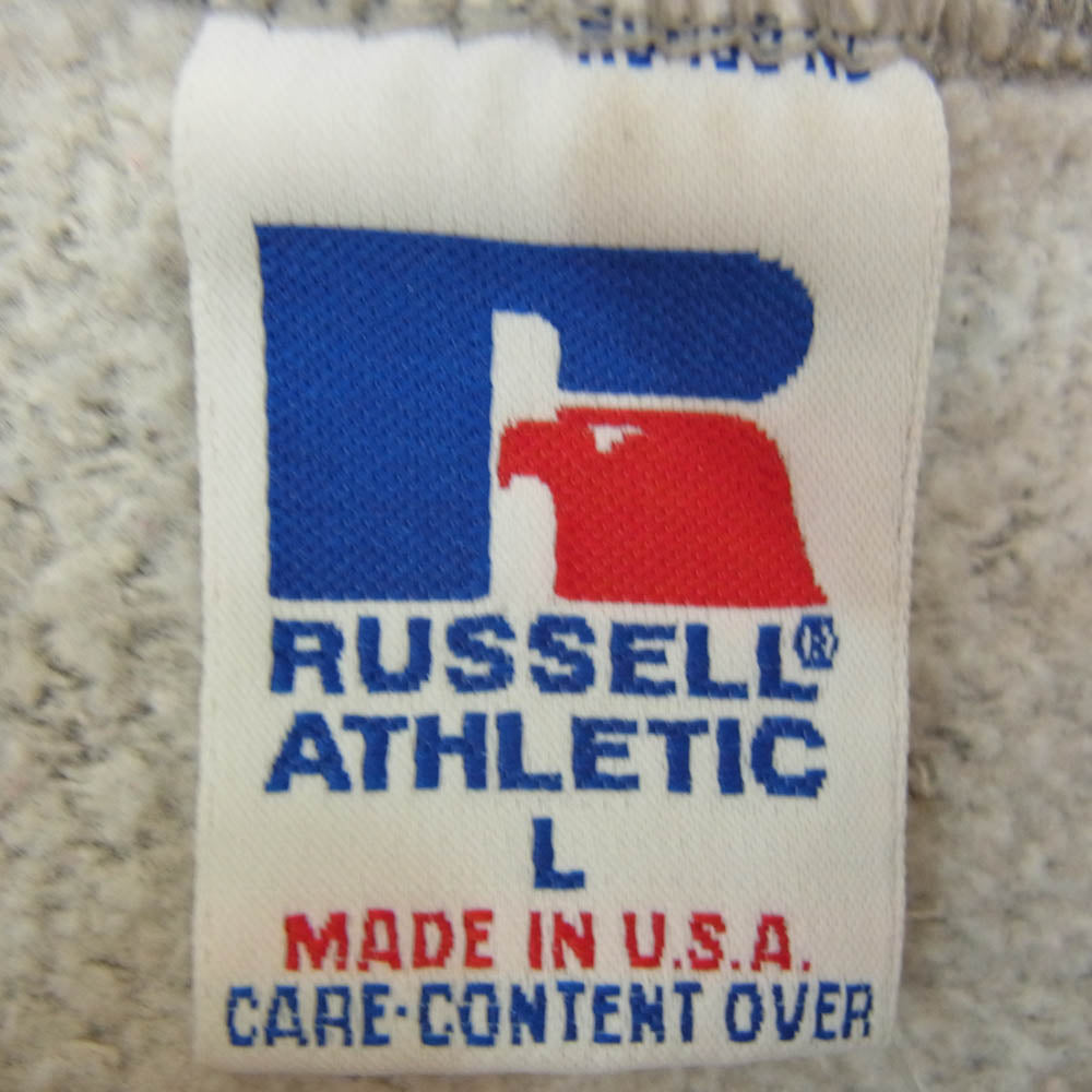 ヴィンテージ 90s USA製 russell athletic トリコ刺繍タグ プリント 前V スウェット グレー系 L【中古】