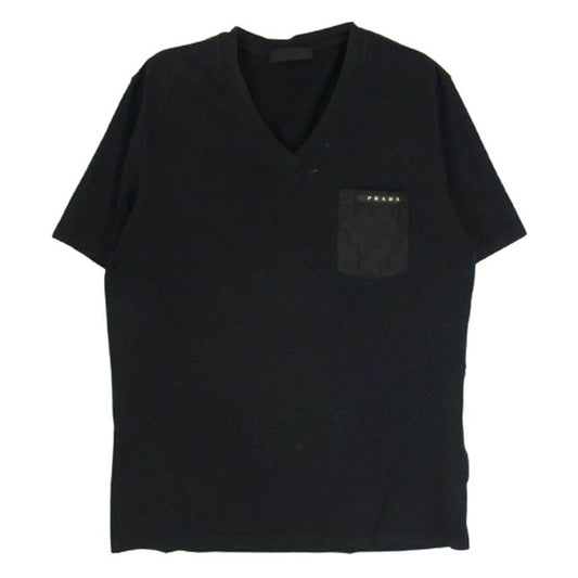 PRADA プラダ SJN251 Vネック カットソー ロゴ ナイロン 切替し 半袖 Vネック Tシャツ ブラック系 M【中古】