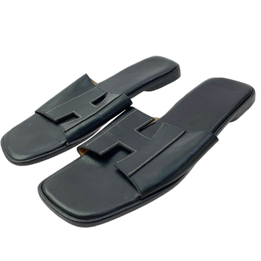 HERMES エルメス Hロゴ スクエアトゥ レザー サンダル ブラック系 42【中古】