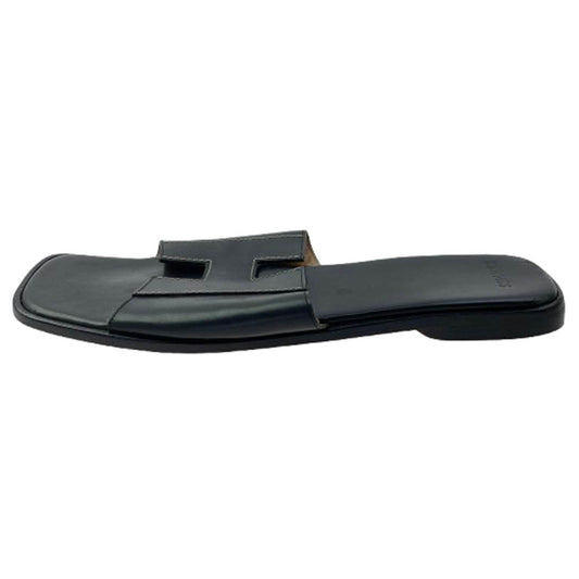 HERMES エルメス Hロゴ スクエアトゥ レザー サンダル ブラック系 42【中古】