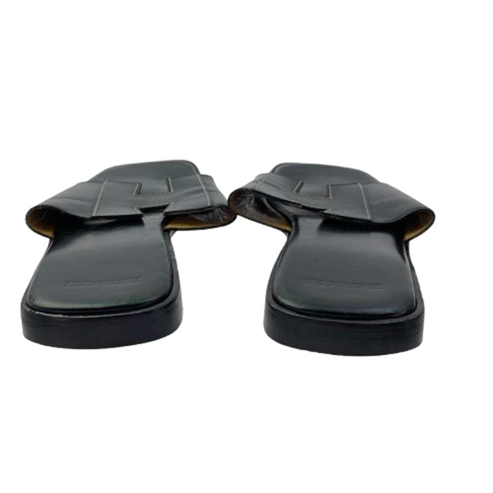 HERMES エルメス Hロゴ スクエアトゥ レザー サンダル ブラック系 42【中古】