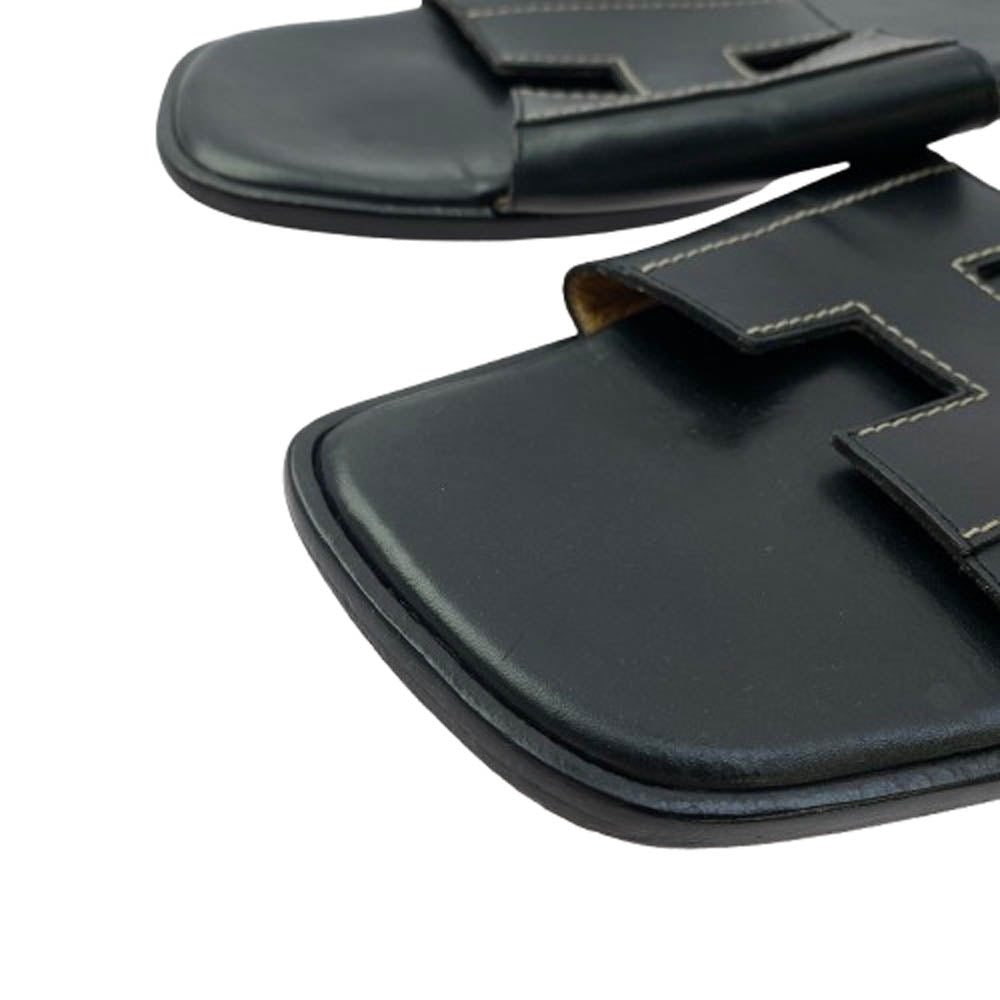 HERMES エルメス Hロゴ スクエアトゥ レザー サンダル ブラック系 42【中古】