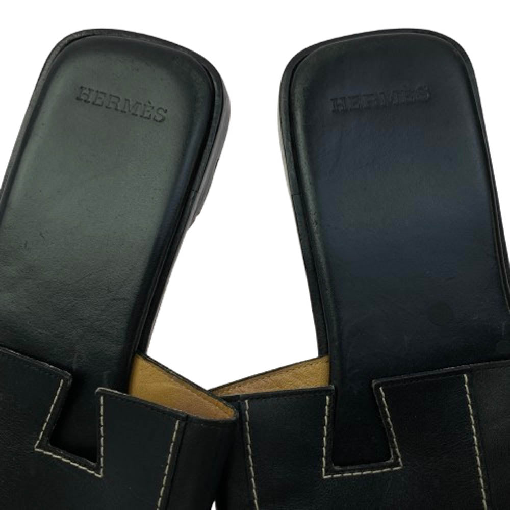 HERMES エルメス Hロゴ スクエアトゥ レザー サンダル ブラック系 42【中古】
