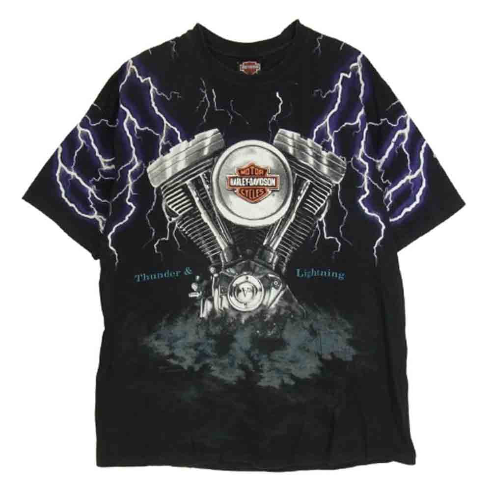 HARLEY DAVIDSON ハーレーダビッドソン ヴィンテージ 90s USA製 Thunder & Lightning Tee プリント 半袖 Tシャツ ブラック系 XXL【中古】