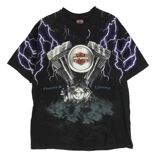 HARLEY DAVIDSON ハーレーダビッドソン ヴィンテージ 90s USA製 Thunder & Lightning Tee プリント 半袖 Tシャツ ブラック系 XXL【中古】