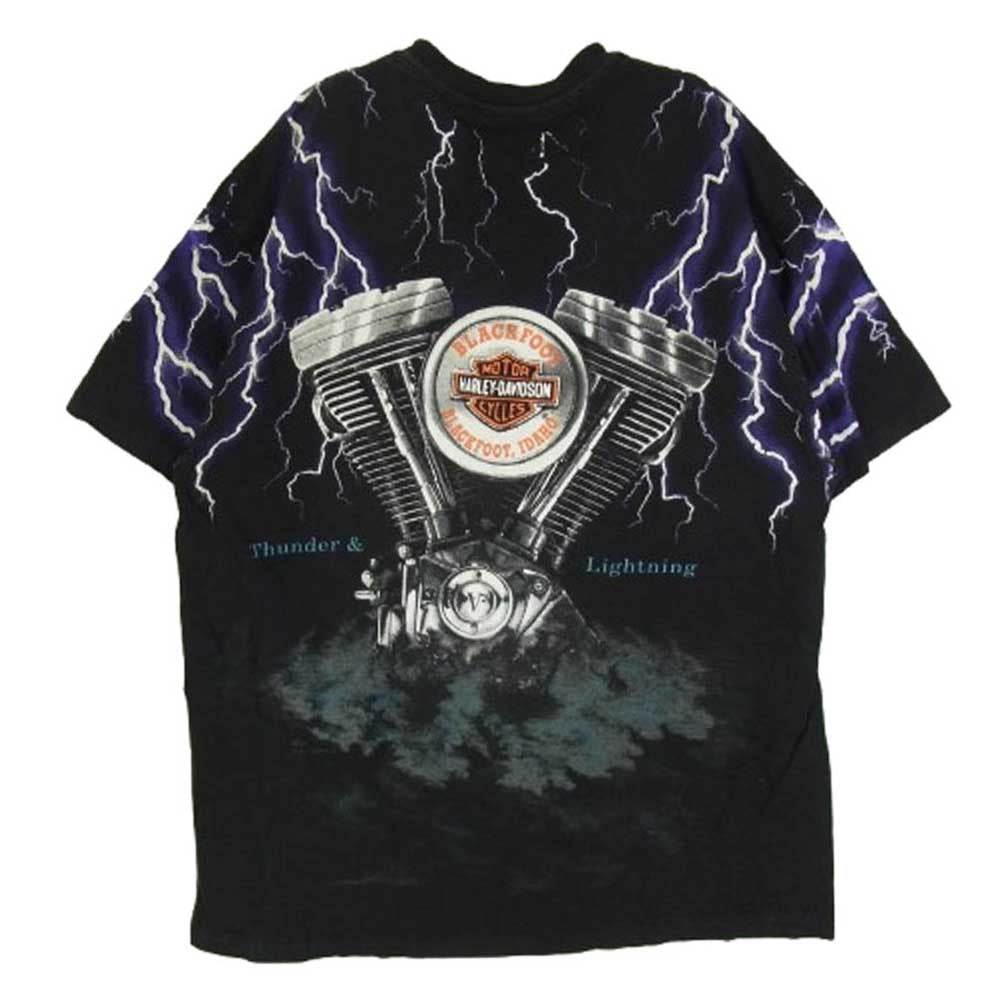HARLEY DAVIDSON ハーレーダビッドソン ヴィンテージ 90s USA製 Thunder & Lightning Tee プリント 半袖 Tシャツ ブラック系 XXL【中古】
