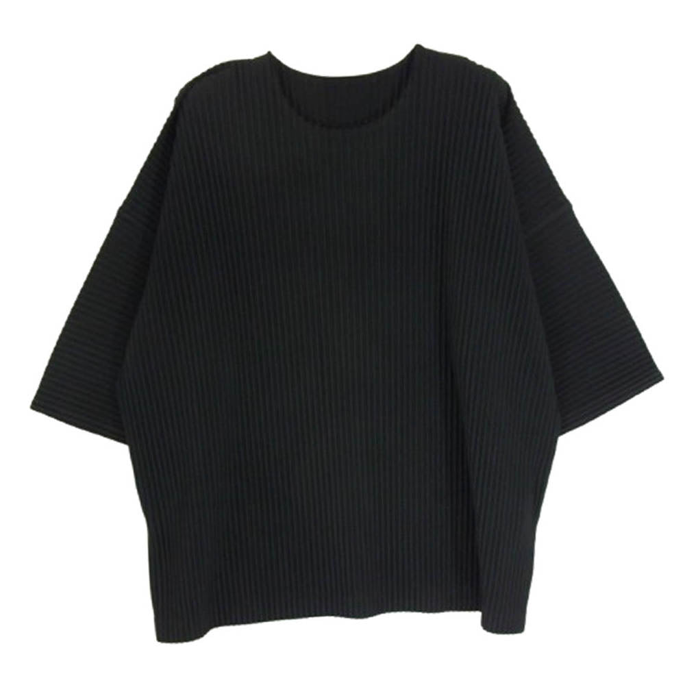 ISSEY MIYAKE イッセイミヤケ HOMME PLISSE MONTHLY COLOR オムプリッセ オープンカラー プリーツ 五分袖 カットソー Tシャツ ブラック系 2【中古】