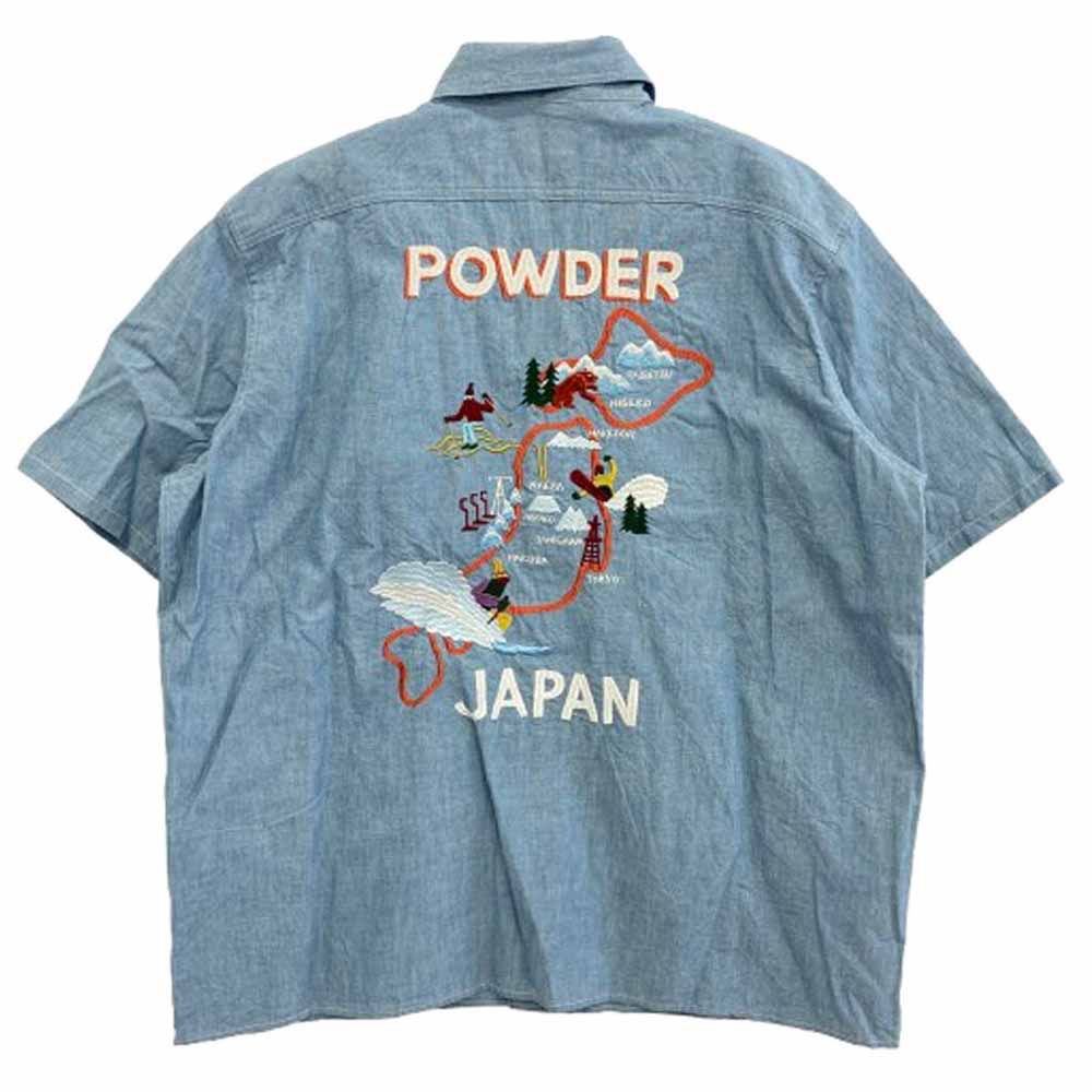 ボーゲン POWDER JAPAN SHIRT パウダージャパンシャツ ロゴ刺繍 デニム シャンブレー 半袖 シャツ インディゴブルー系 M【中古】