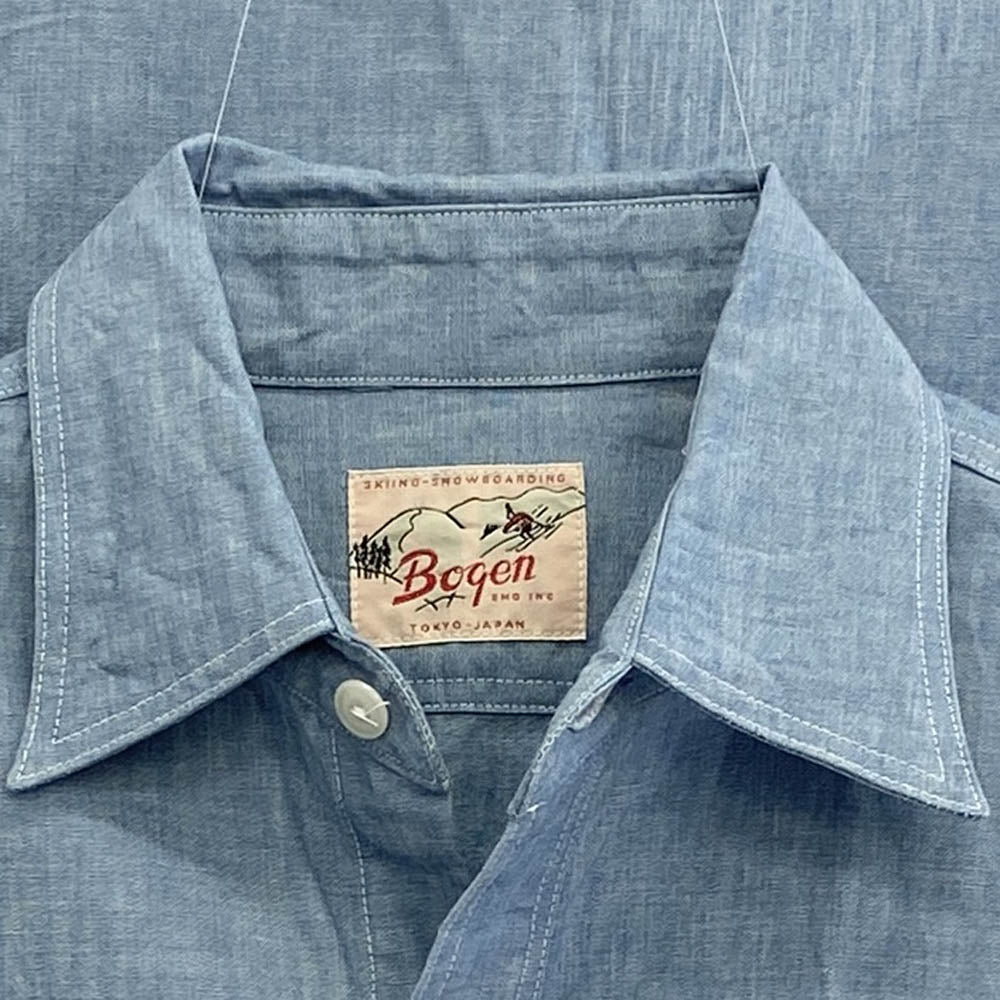 ボーゲン POWDER JAPAN SHIRT パウダージャパンシャツ ロゴ刺繍 デニム シャンブレー 半袖 シャツ インディゴブルー系 M【中古】