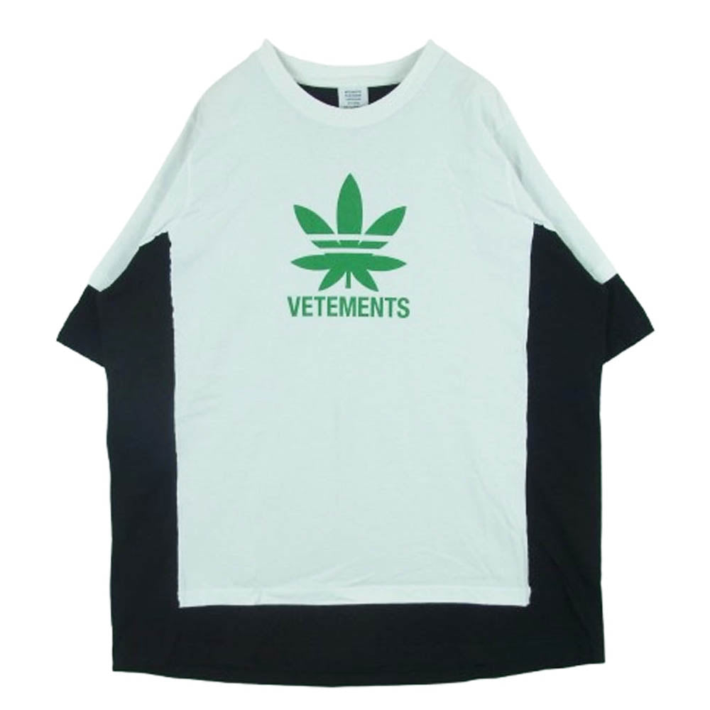 VETEMENTS ヴェトモン 20SS SS20TR215 ヘンプ ロゴ プリント フェイクレイヤードデザイン ドッキング 半袖 Tシャツ ホワイト系 ブラック系 XS【中古】