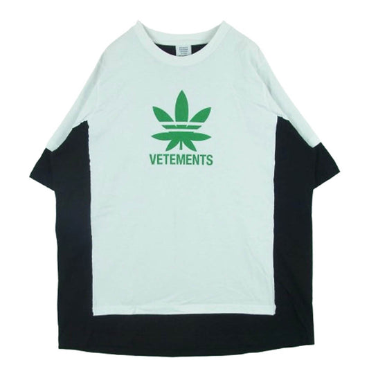 VETEMENTS ヴェトモン 20SS SS20TR215 ヘンプ ロゴ プリント フェイクレイヤードデザイン ドッキング 半袖 Tシャツ ホワイト系 ブラック系 XS【中古】