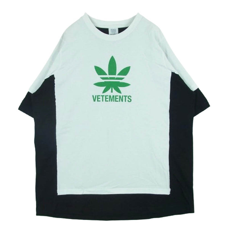 VETEMENTS ヴェトモン 20SS SS20TR215 ヘンプ ロゴ プリント フェイクレイヤードデザイン ドッキング 半袖 Tシャツ ホワイト系 ブラック系 XS【中古】