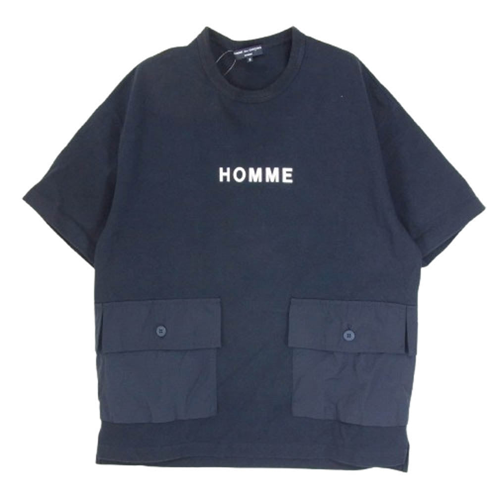 COMME des GARCONS HOMME コムデギャルソンオム AD2021 HI-T017 HOMMEプリント オムプリント クルーネック ヘビーウェイト ポケットデザイン 半袖 Tシャツ ネイビー系 S【中古】