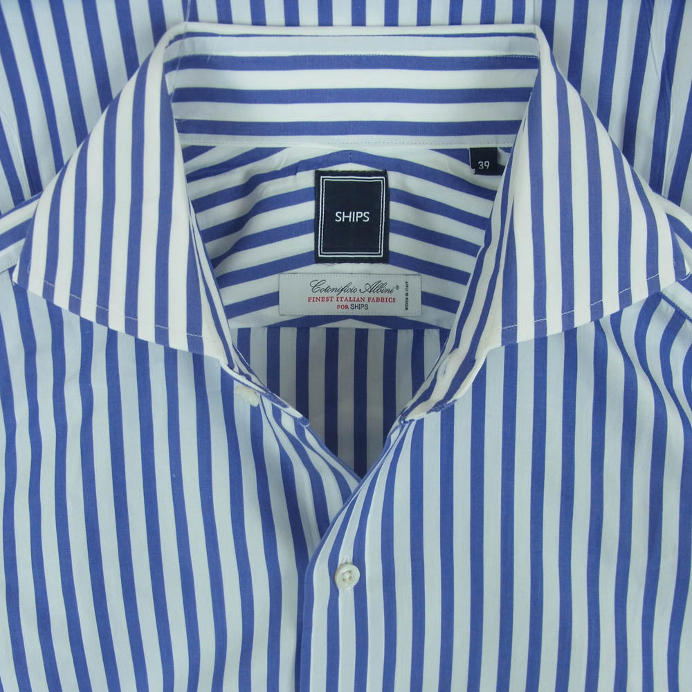 SHIPS シップス 111-11-3953 レギュラーカラー ストライプ 長袖 シャツ コットン 日本製 ブルー系 ホワイト系 39【中古】