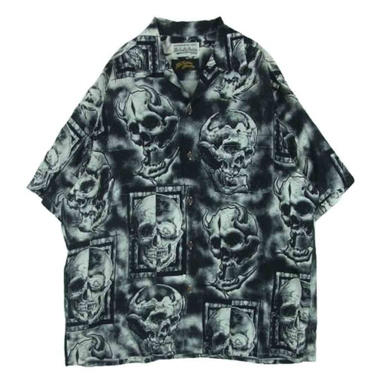 WACKO MARIA ワコマリア 56 TATOO STUDIO ゴロー タトゥー スタジオ ハワイアン アロハ 開襟 レーヨン 半袖 シャツ ブラック系 ホワイト系 XL【中古】