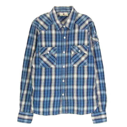 エム washed indigo check shirts ウォッシュド インディゴ チェック 長袖 シャツ ブルー系 S【中古】