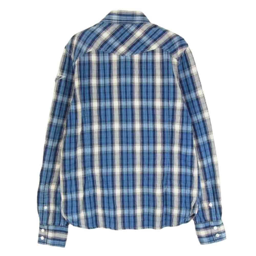 エム washed indigo check shirts ウォッシュド インディゴ チェック 長袖 シャツ ブルー系 S【中古】