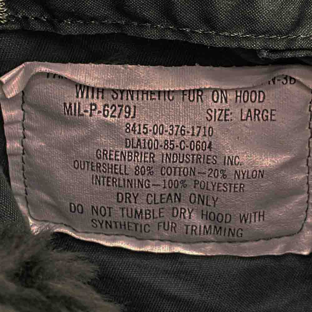 ヴィンテージ MIL-P-6279J 80s 米軍 8415-00-376-1710 N-3B フライト ジャケット グリーン系 L【中古】