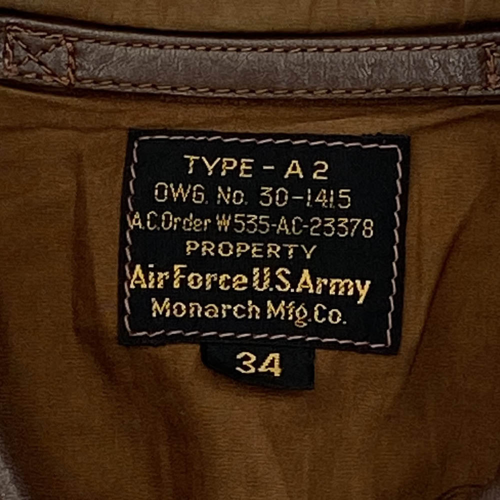 The REAL McCOY'S ザリアルマッコイズ 30-1415 MONARCH MFG CO モーナーク社 実名復刻 US Air Force A-2 レザー フライト ジャケット ブラウン系 34【中古】