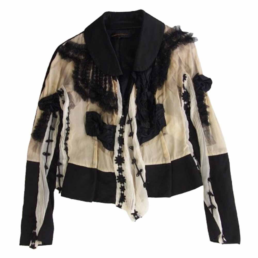 COMME des GARCONS コムデギャルソン 本ライン GP-J038 AD2005 丸襟 シアー切替 フリル ドッキング ジャケット ボレロ ブラック系 ブラウン系 M【中古】