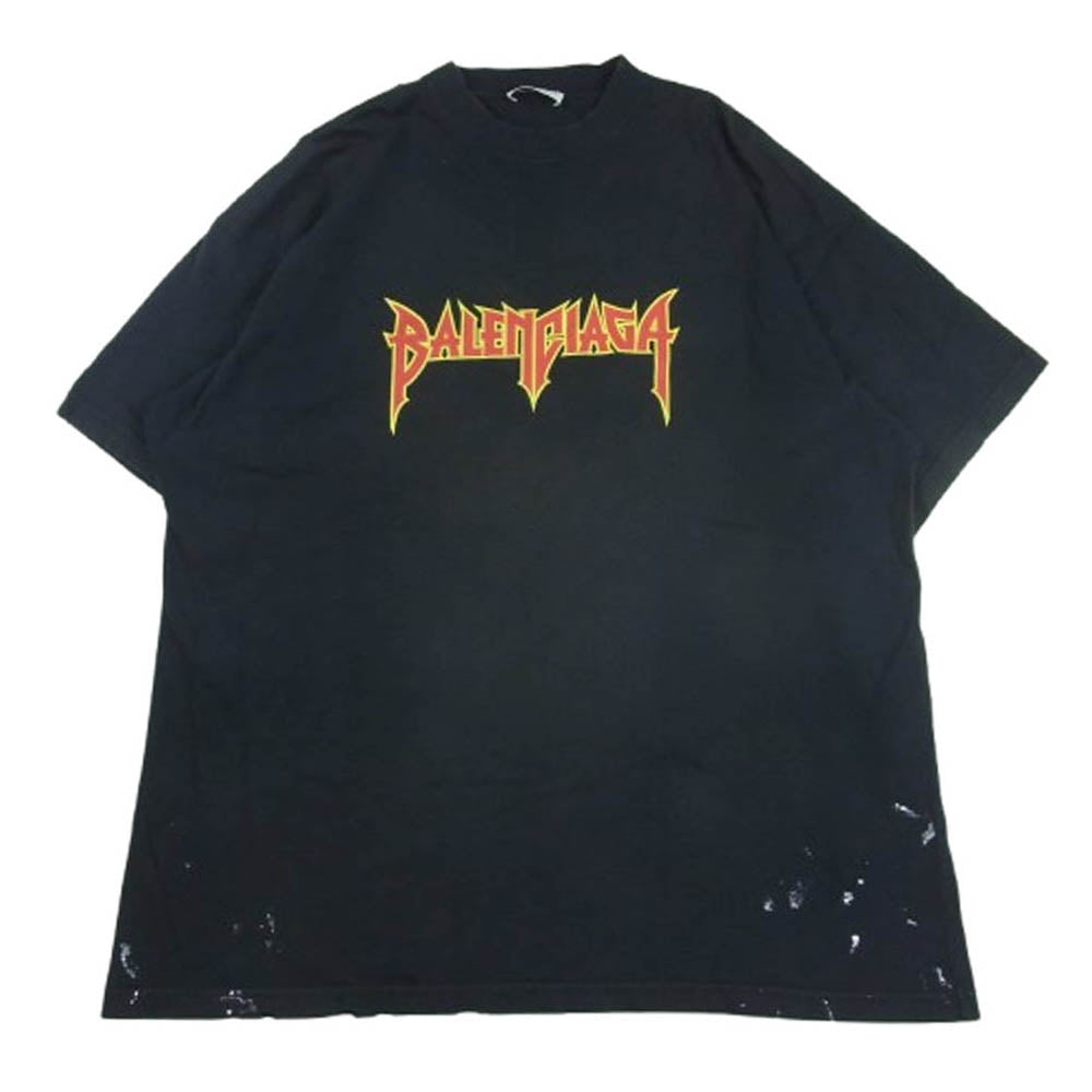 BALENCIAGA バレンシアガ 22ss 694576 TMV88 METAL LOGO CRASHED SS TEE クラッシュ加工 メタルロゴ ペンキ 半袖 Tシャツ ブラック系 2【中古】