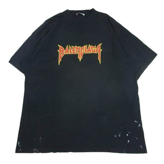 BALENCIAGA バレンシアガ 22ss 694576 TMV88 METAL LOGO CRASHED SS TEE クラッシュ加工 メタルロゴ ペンキ 半袖 Tシャツ ブラック系 2【中古】