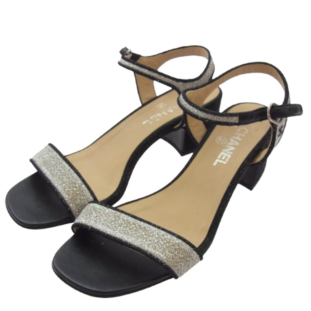 CHANEL シャネル グリッター ヒール サンダル ブラック系 シルバー系 39C【中古】