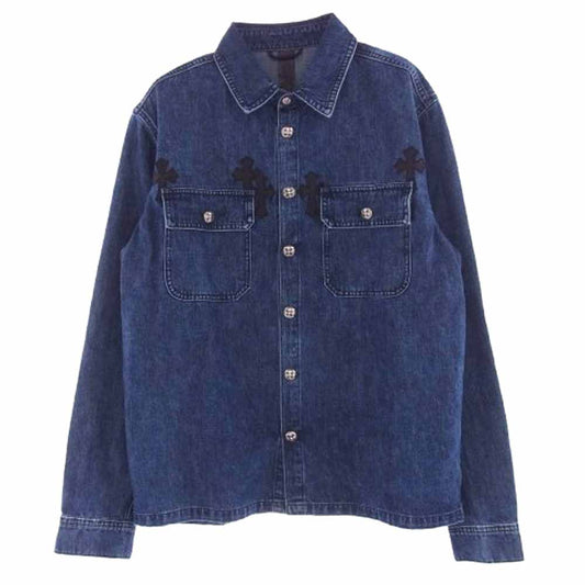 CHROME HEARTS クロムハーツ（原本無） WORK DOG GARAGE WDNM 5レザー クロスパッチ 13クロスボール スナップボタン インディゴ デニム シャツ ジャケット Lサイズ インディゴブルー系 L【極上美品】【中古】