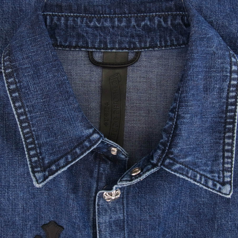 CHROME HEARTS クロムハーツ（原本無） WORK DOG GARAGE WDNM 5レザー クロスパッチ 13クロスボール スナップボタン インディゴ デニム シャツ ジャケット Lサイズ インディゴブルー系 L【極上美品】【中古】