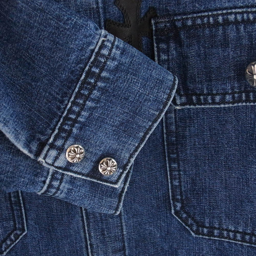 CHROME HEARTS クロムハーツ（原本無） WORK DOG GARAGE WDNM 5レザー クロスパッチ 13クロスボール スナップボタン インディゴ デニム シャツ ジャケット Lサイズ インディゴブルー系 L【極上美品】【中古】