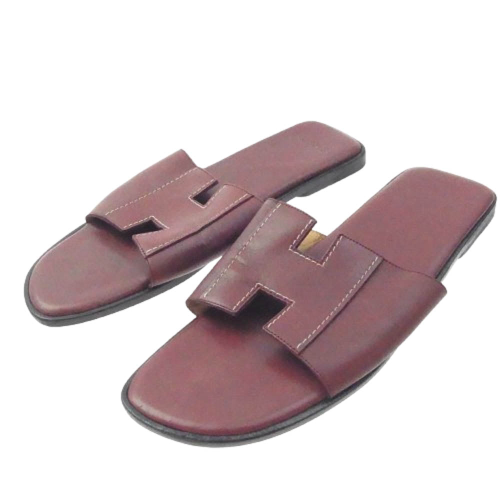 HERMES エルメス Hロゴ レザー サンダル ワインレッド系 37【中古】