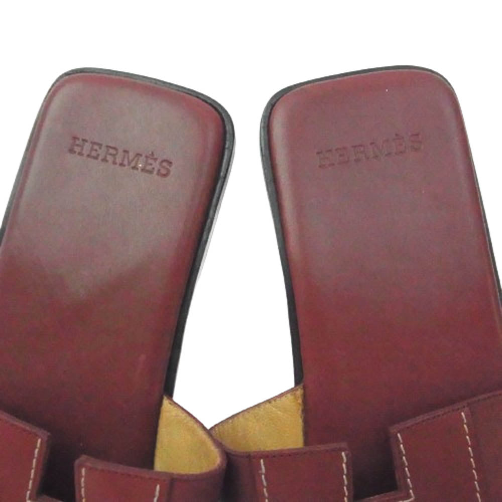 HERMES エルメス Hロゴ レザー サンダル ワインレッド系 37【中古】