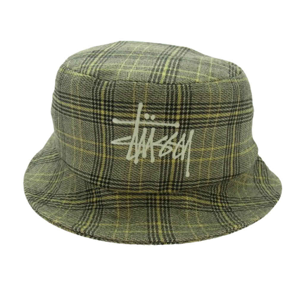 STUSSY ステューシー チェック柄 バケットハット 帽子 ベージュ系 イエロー系 ブラック系 L/XL【中古】