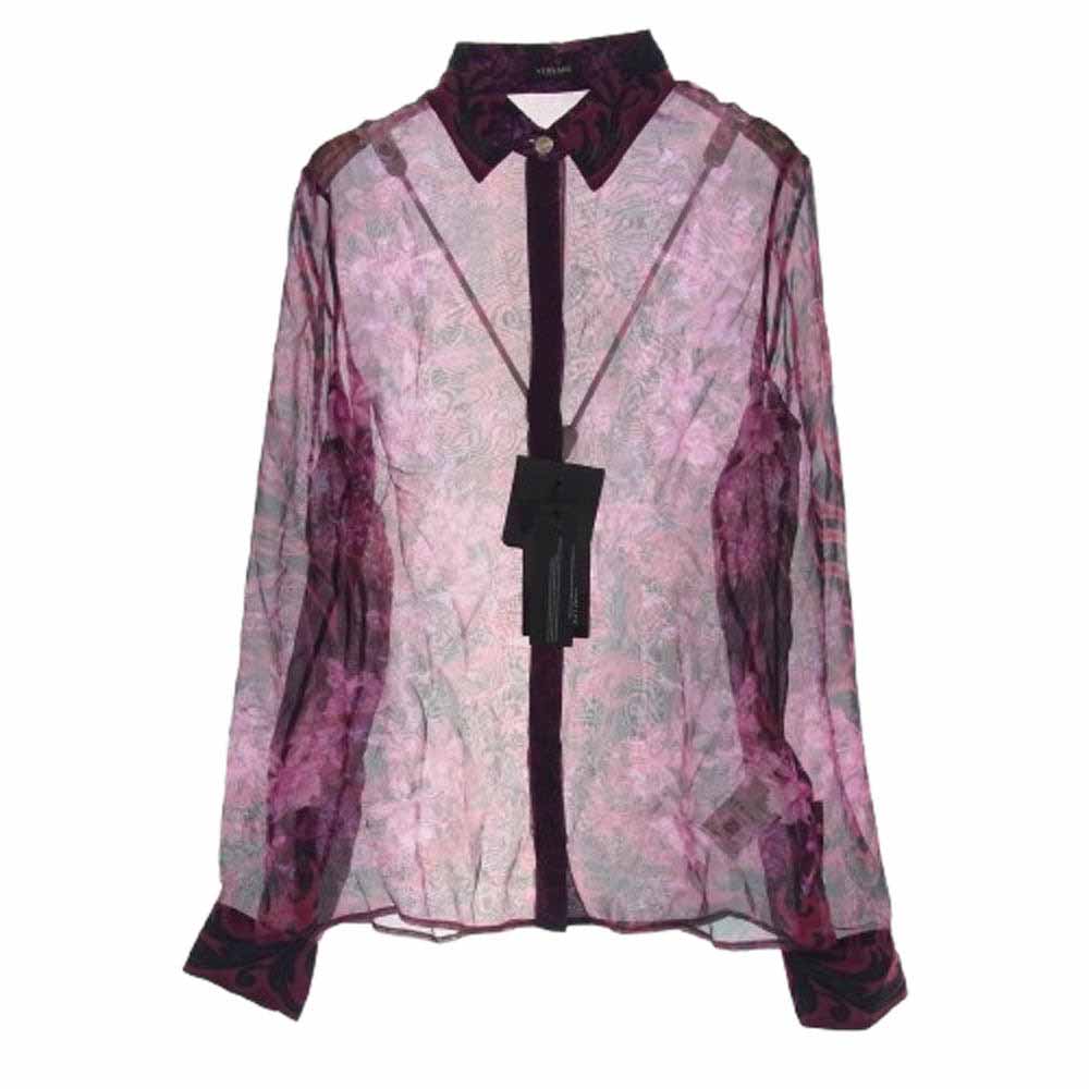 VERSACE ヴェルサーチ 1008228 ALLOVER LOGO PRINT SILK SHIRT プリント シルク シアーシャツ ワインレッド系 36【中古】