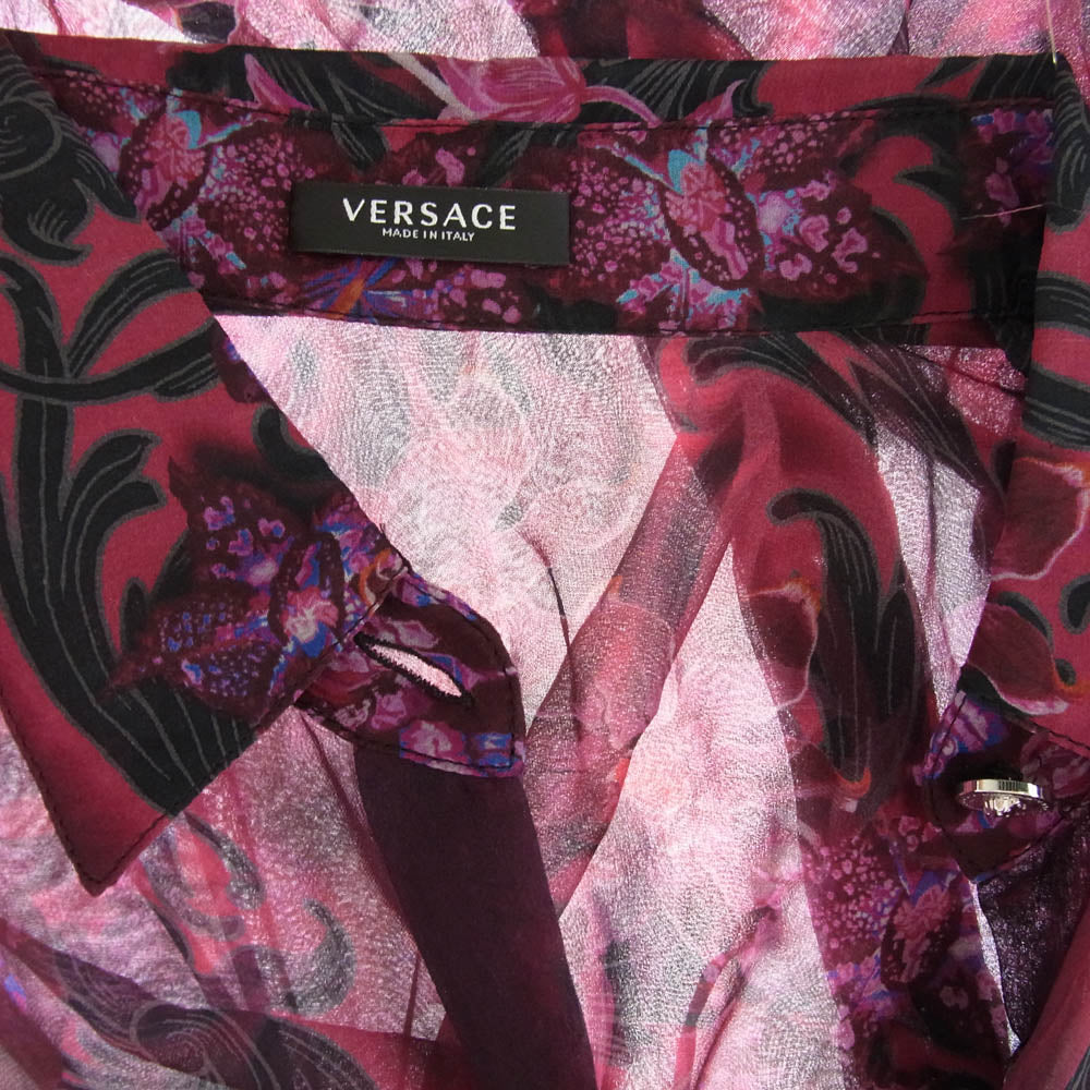 VERSACE ヴェルサーチ 1008228 ALLOVER LOGO PRINT SILK SHIRT プリント シルク シアーシャツ ワインレッド系 36【中古】