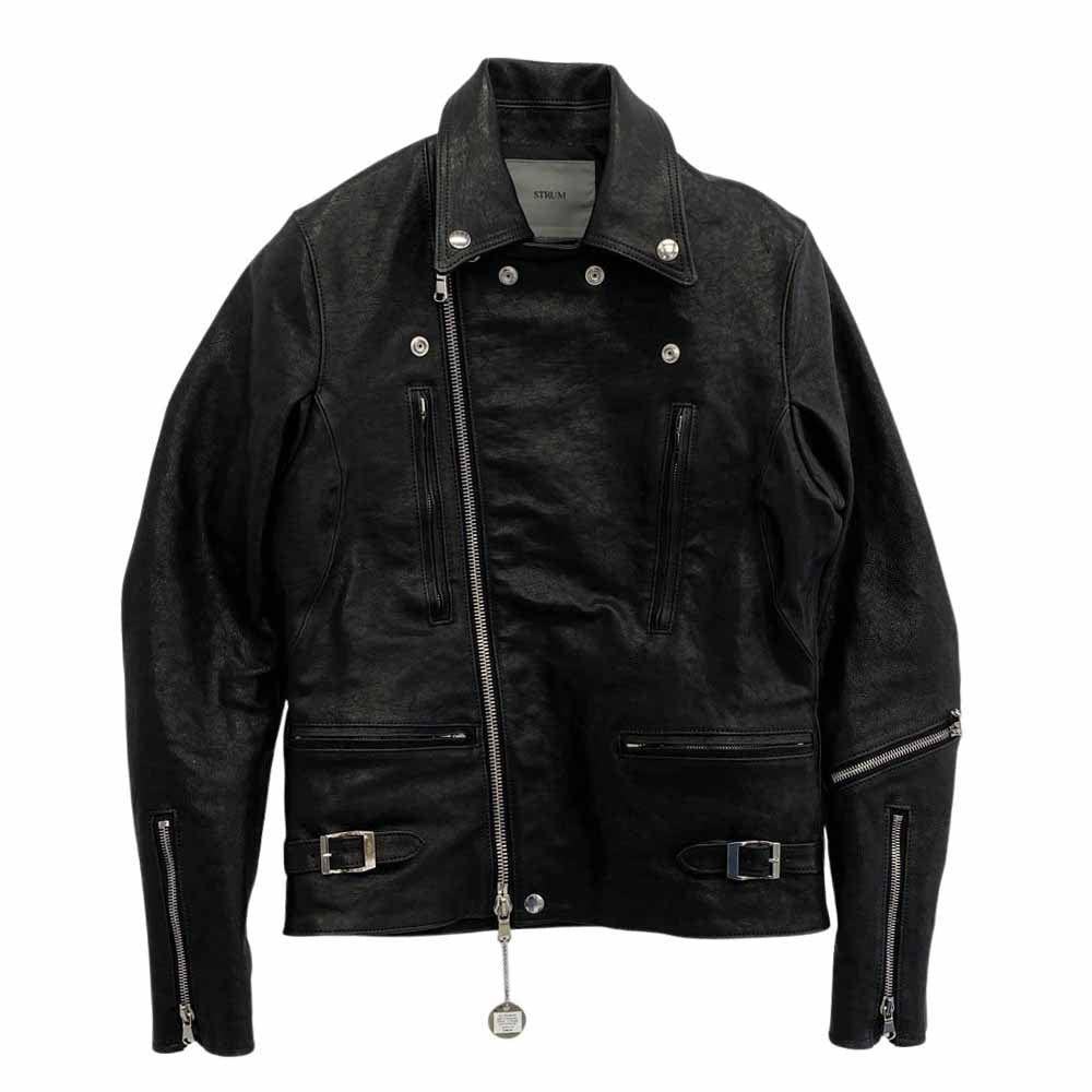 STRUM ストラム フルタンニン ピット鞣し シュリンク ホースハイド LIST ダブル ライダース レザー ジャケット ブラック系 XS【極上美品】【中古】