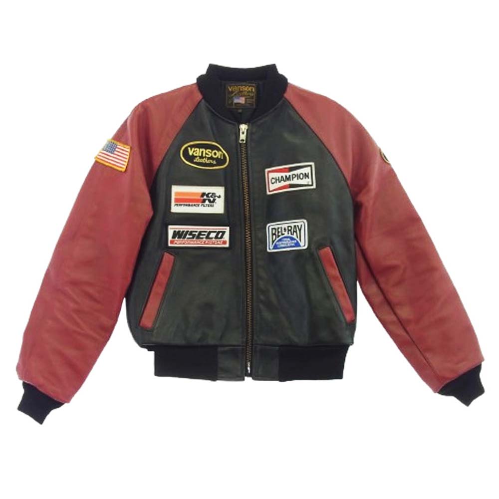 VANSON バンソン RPJ TEAM JACKET スタジャン レザージャケット ライダースジャケット ブラック系 38【中古】